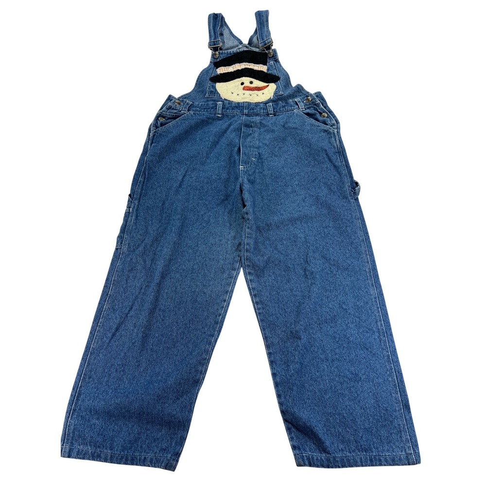 Handmade Rework Upcycle Snowman Denim Overalls Women L Winter Applique Dungarees